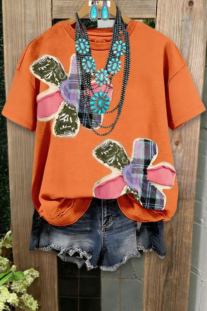 Retro Floral Patchwork Crew Neck T-Shirt