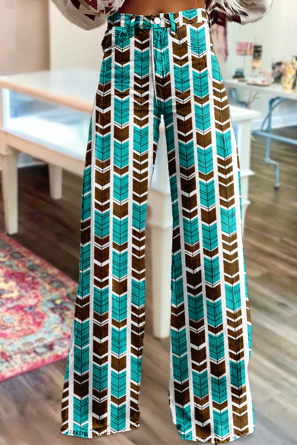 Aztec Turquoise Striped Washed Cotton Wide-Leg Pants