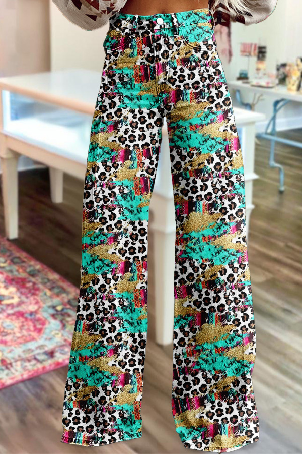 Western Washed Cotton Leopard Print Wide-Leg Pants