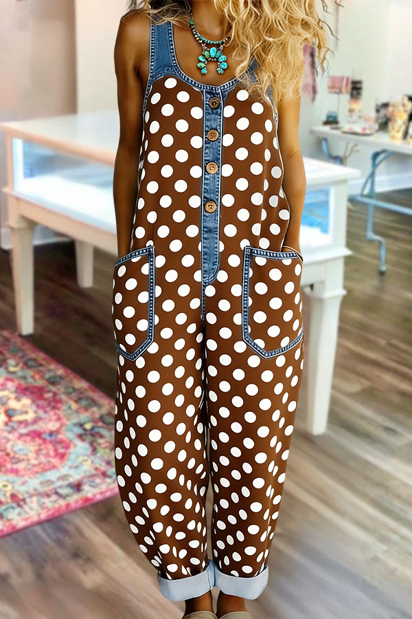 Classic Polka Dot Washed Cotton Denim Jumpsuit