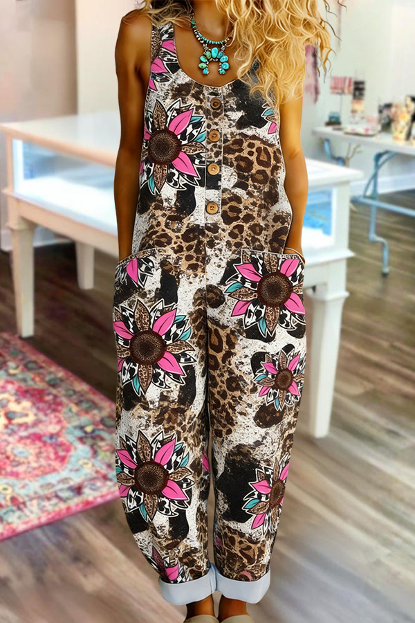 Western Cowboy Leopard Print Daisy Button Jumpsuit