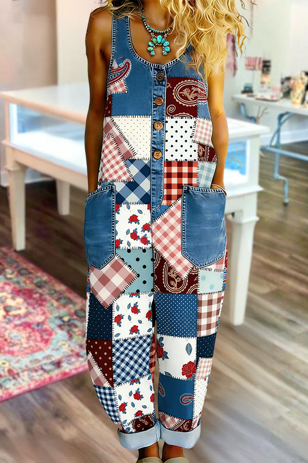 Retro Plaid Patchwork Denim Button Jumpsuit