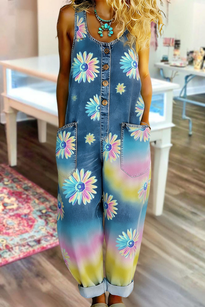 Fresh Gradient Daisy Washed Denim Button Jumpsuit