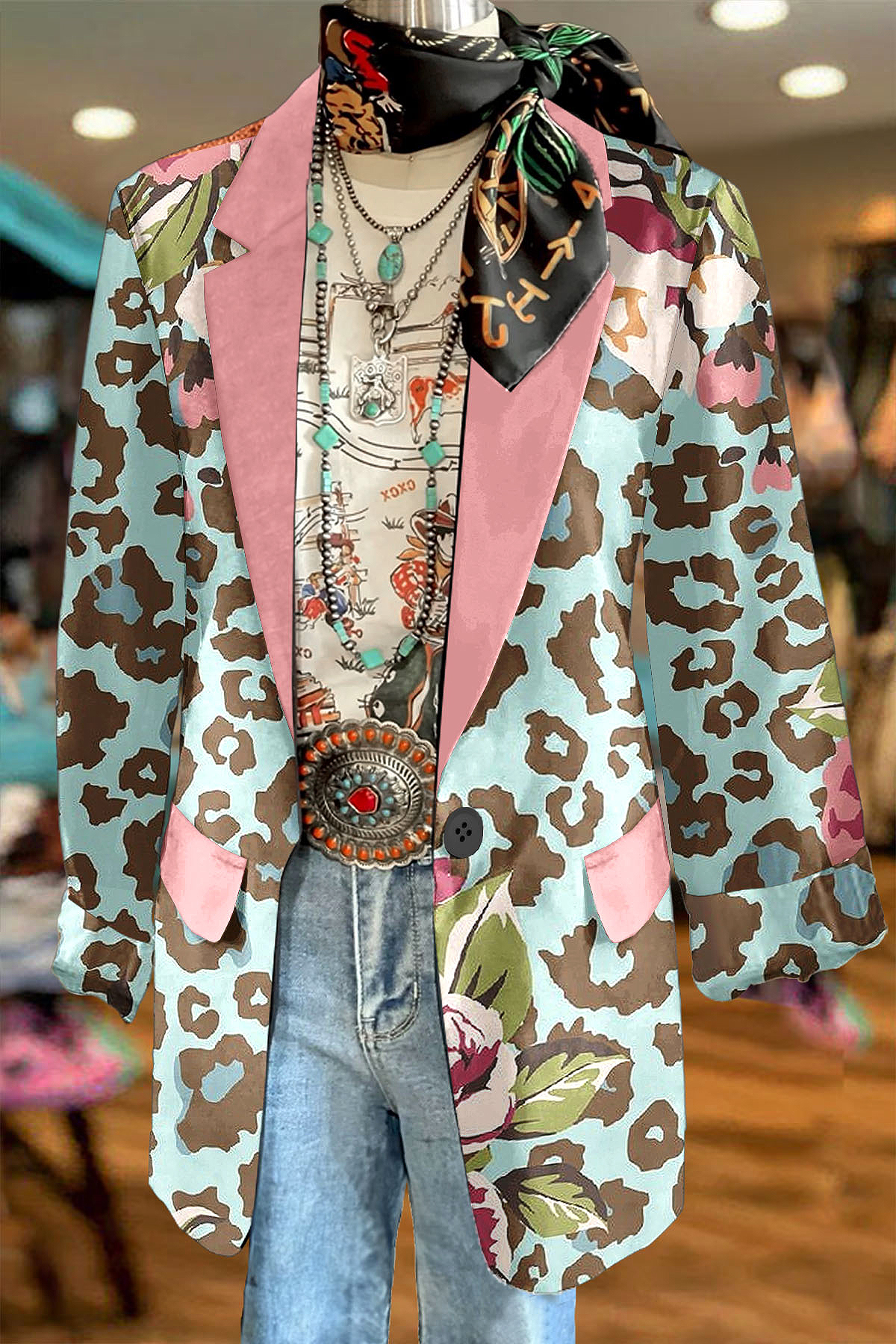 Fresh Leopard Print Floral Patchwork Lightweight Blazer