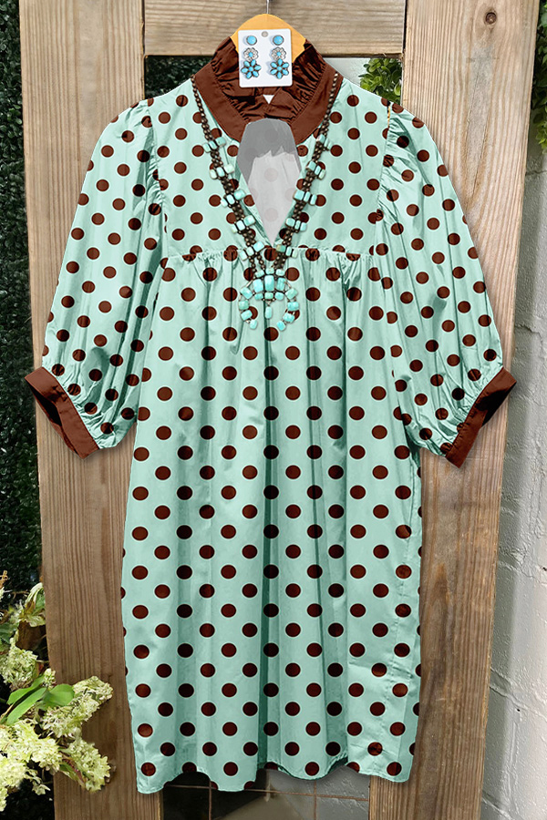 Turquoise Polka Dot Pleated Puff Sleeve Midi Dress