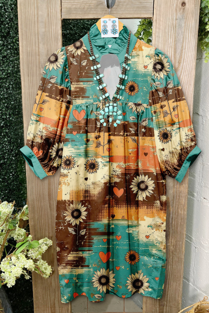 Western Daisy Ruched Puff Sleeve Midi Dress