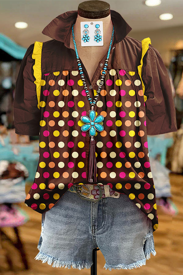 Colorful Polka Dot Patchwork Ruched Puff Sleeve Shirt