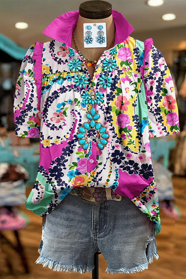 Romantic Paisley Floral Patchwork Ruched Shirt