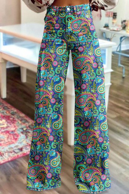 Western Paisley Washed Cotton Wide-Leg Pants