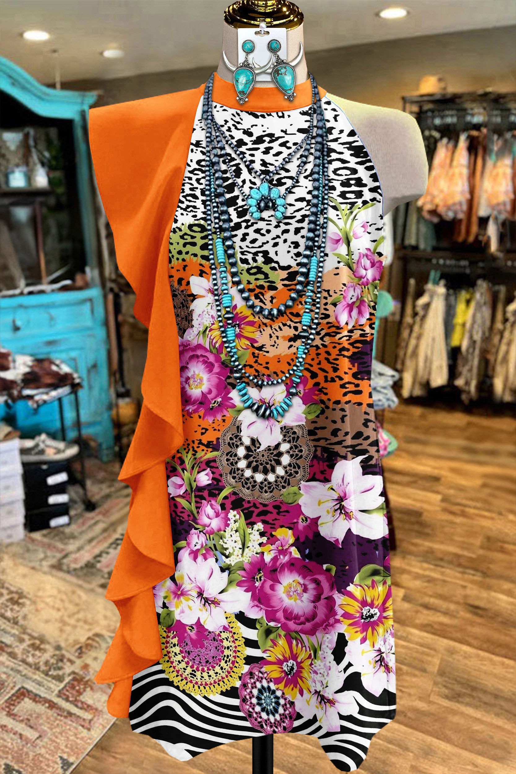 Western Chiffon Leopard Floral Ruffle Patchwork Midi Dress