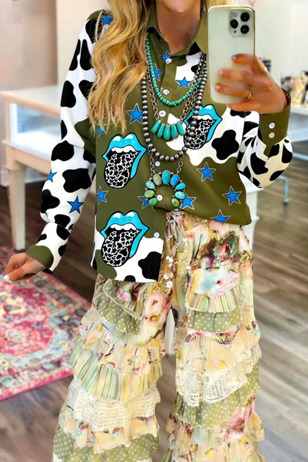 Western Cow Print Patchwork Button-Down Shirt