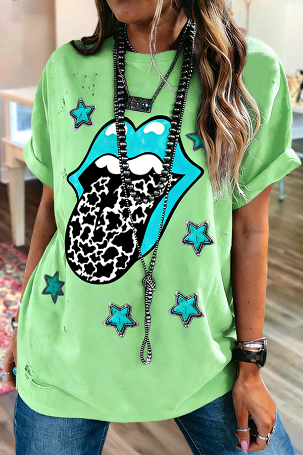 Retro Rebellious Five-Pointed Star Crew Neck T-Shirt