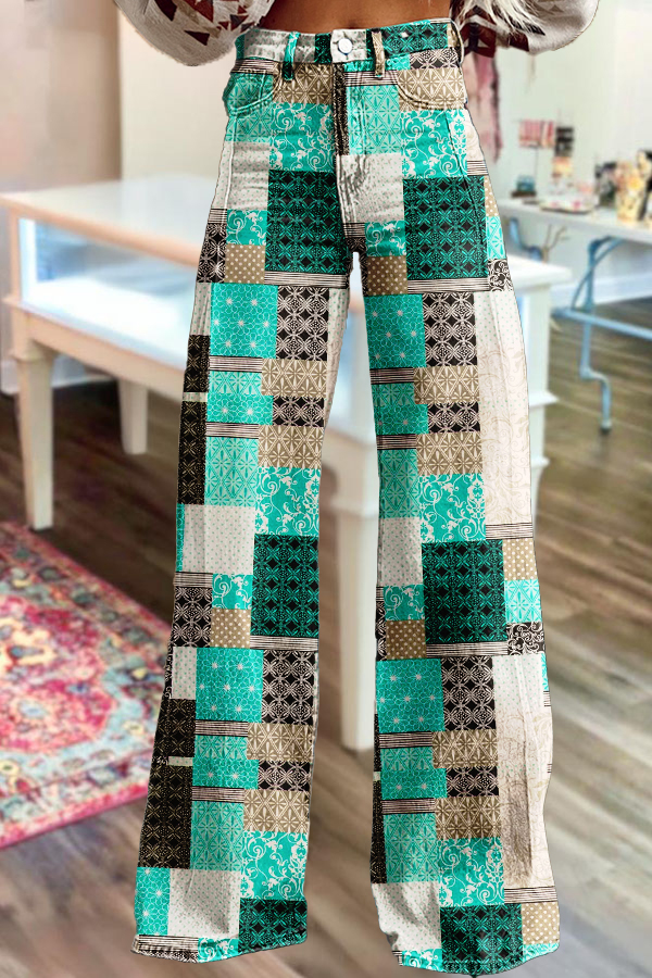 Retro Plaid Washed Cotton Wide-Leg Pants