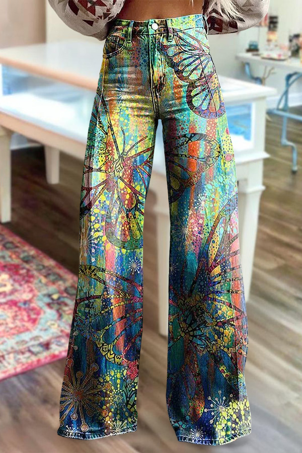 Distressed Washed Cotton Butterfly Wide-Leg Pants