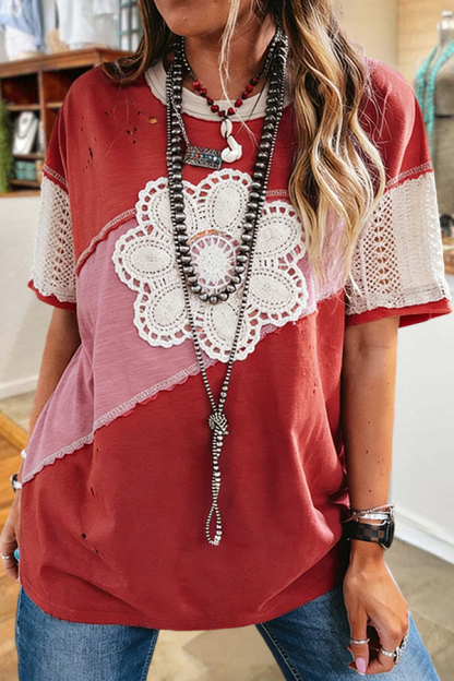 Vintage Distressed Crochet Lace Floral Patchwork T-Shirt