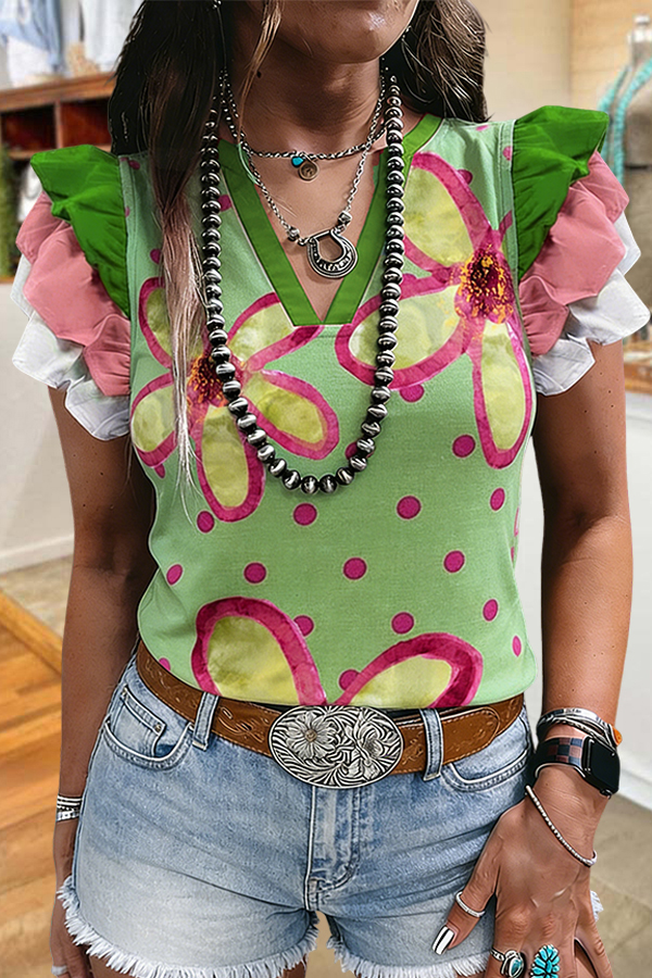 Western Ranch Floral Polka Dot Layered Ruffle Sleeve Top