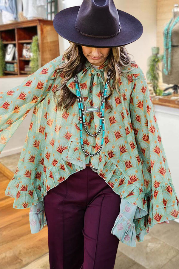 Flowy Ranch Print Bow Ruffle High Low Shirt