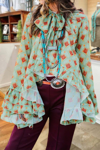 Flowy Ranch Print Bow Ruffle High Low Shirt