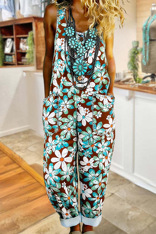 Western Color-Blocked Floral Washed Cotton Sleeveless Jumpsuit
