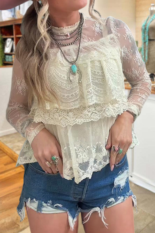 Romantic Elastic Lace Floral Layered Ruffle Top