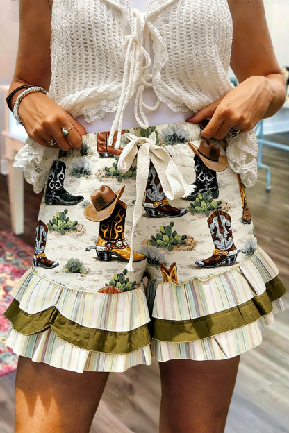 Western Ranch Layered Ruffle Drawstring Shorts