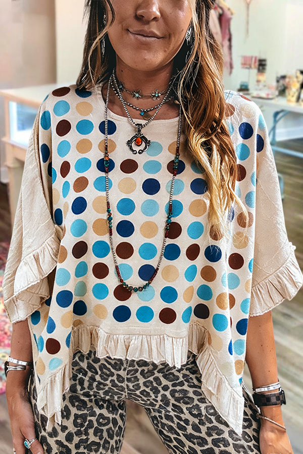 Casual Color-Blocked Polka Dot Linen Ruffle Sleeve Top