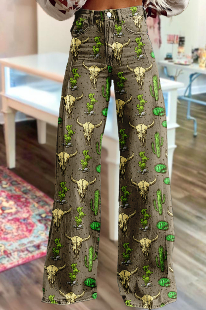 Western Cactus Cow Head Washed Cotton Wide-Leg Pants