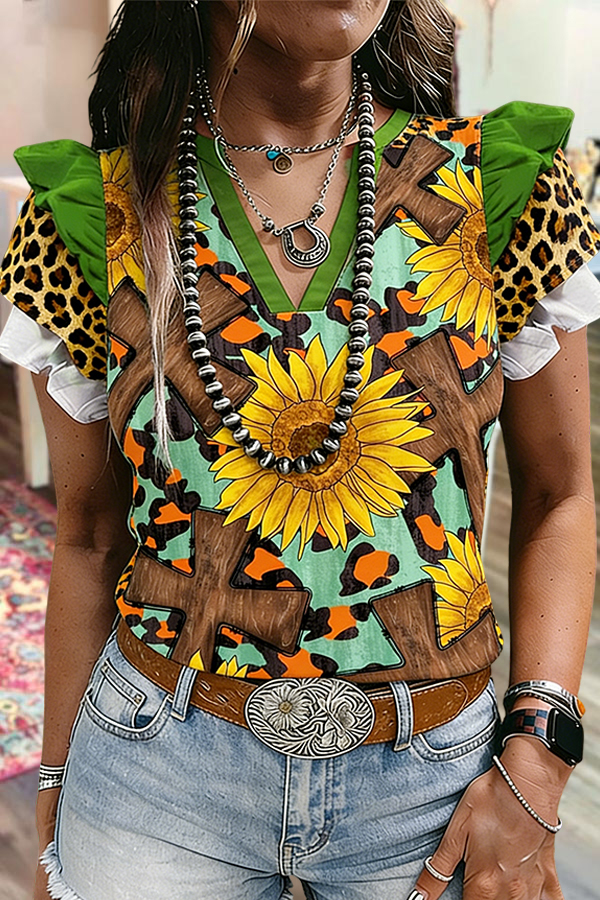 Retro Crosses Daisy Layered Ruffle Sleeve Top