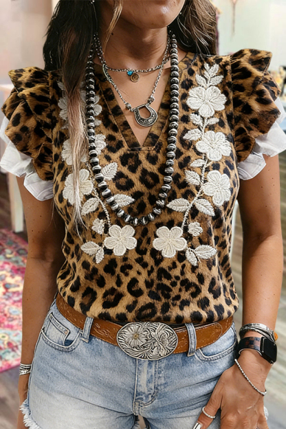 Classic Embroidered Floral Leopard Print Layered Top