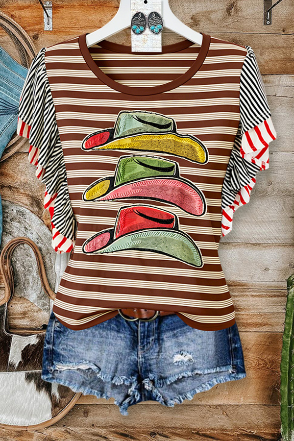 Western-Style Colorful Hat Striped Ruffle Sleeve Tee