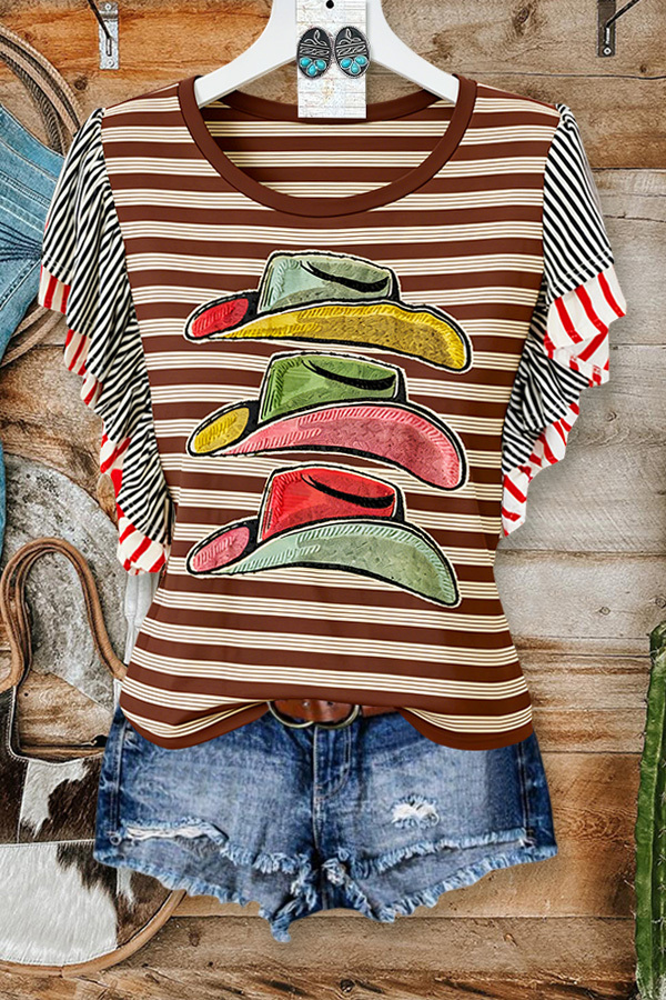 Western-Style Colorful Hat Striped Ruffle Sleeve Tee