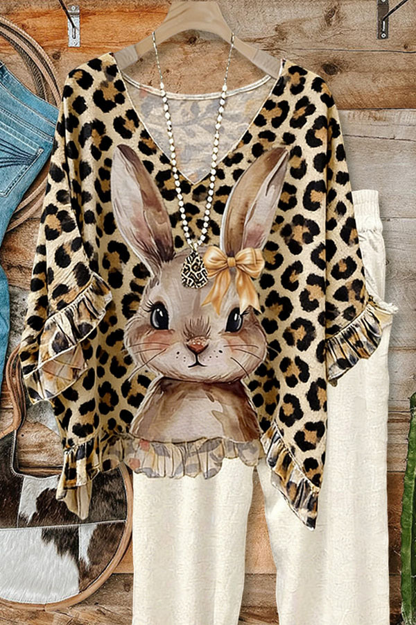 Easter Bunny Leopard Print Double Ruffle Top