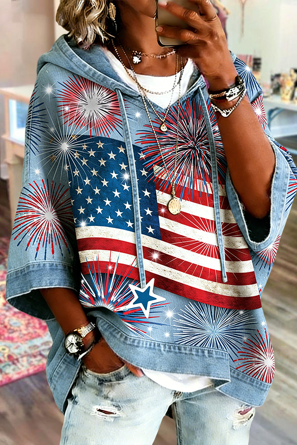 Women's top | Loose Vintage USA Flag Hooded Top |website-mywesternoutfit