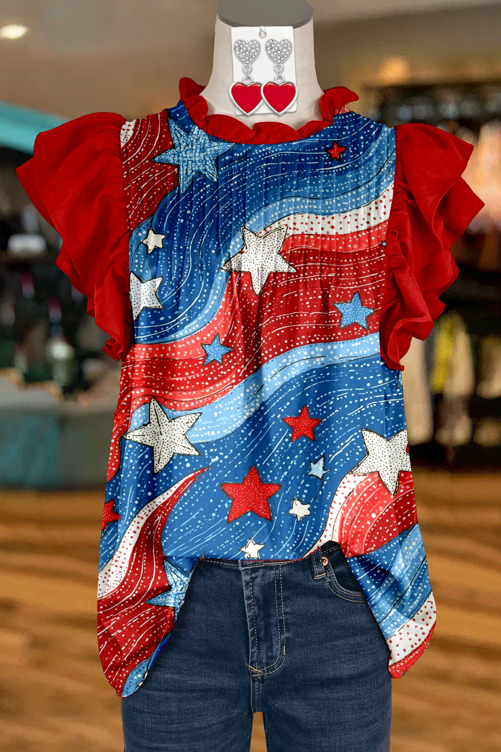 Retro USA Flag Ruched Ruffled Sleeve Shirt