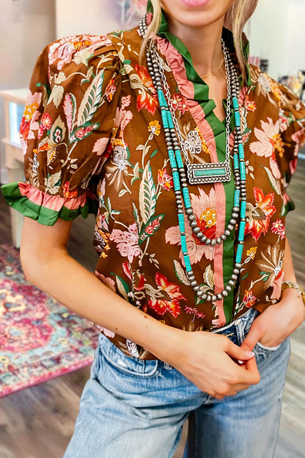 Women's top | Romantic Garden Patchwork Ruffled Puff Sleeve Shirt |website-mywesternoutfit