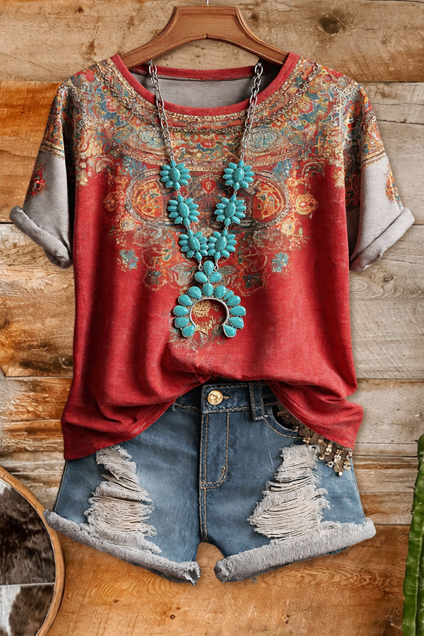 Ethnic Floral Patchwork Crew-Neck Tee