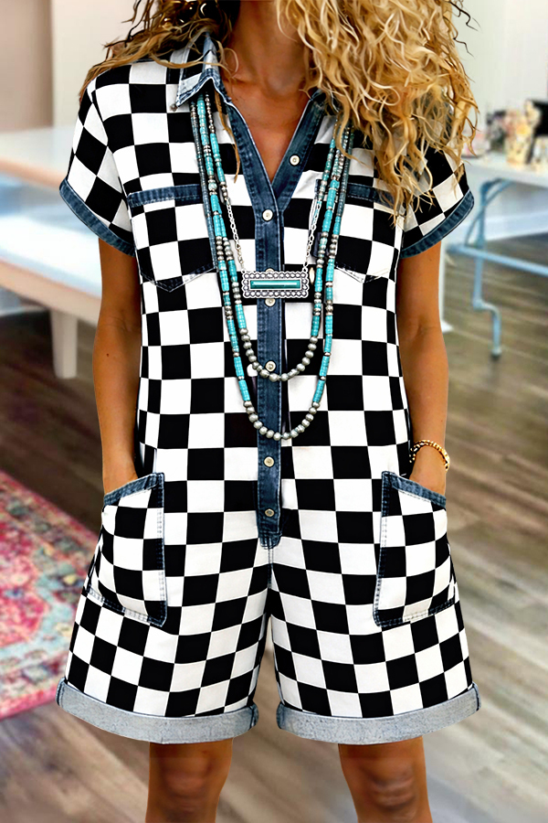 Women's Romper | Classic Black & White Plaid Pockets Patchwork Romper |website-mywesternoutfit