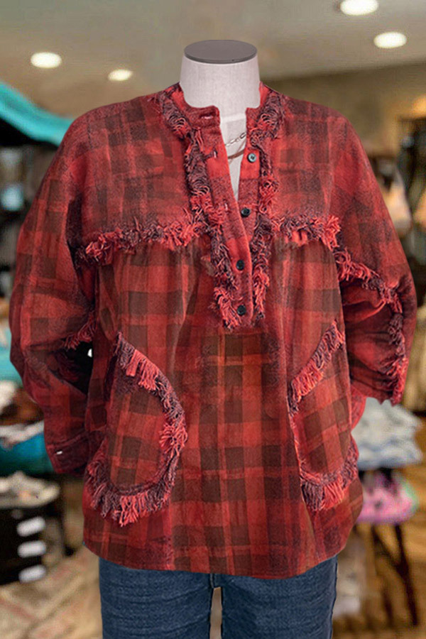 Women's top | Vintage Frayed Paneled Plaid Button Top |mywesternoutfit