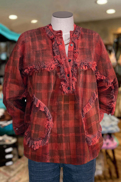 Vintage Frayed Paneled Plaid Button Top
