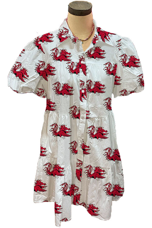 Gamecock Print Pleated Puff Sleeve Dress