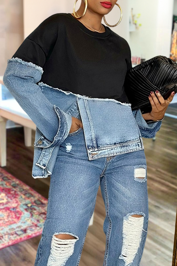 Stylish Irregular Hem Denim Patch Sweatshirt