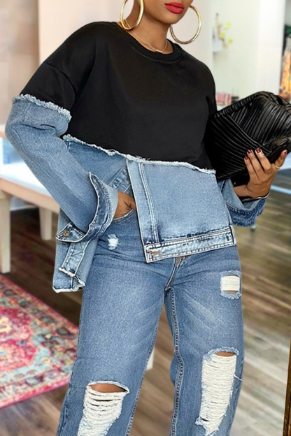 Stylish Irregular Hem Denim Patch Sweatshirt