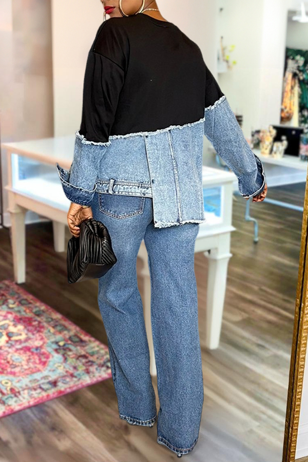 Stylish Irregular Hem Denim Patch Sweatshirt