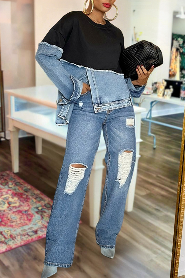 Stylish Irregular Hem Denim Patch Sweatshirt