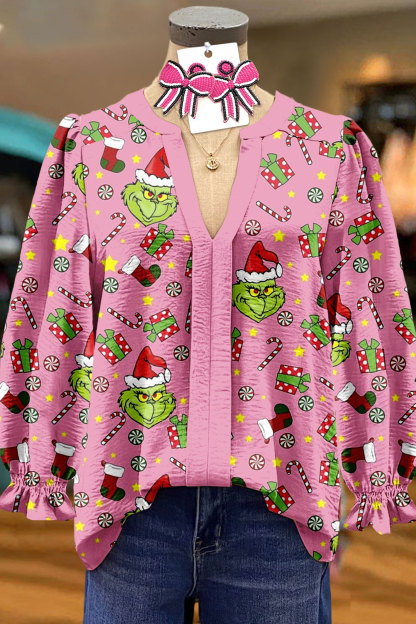 Christmas Grinch Print Contrast Panel V-neck Top