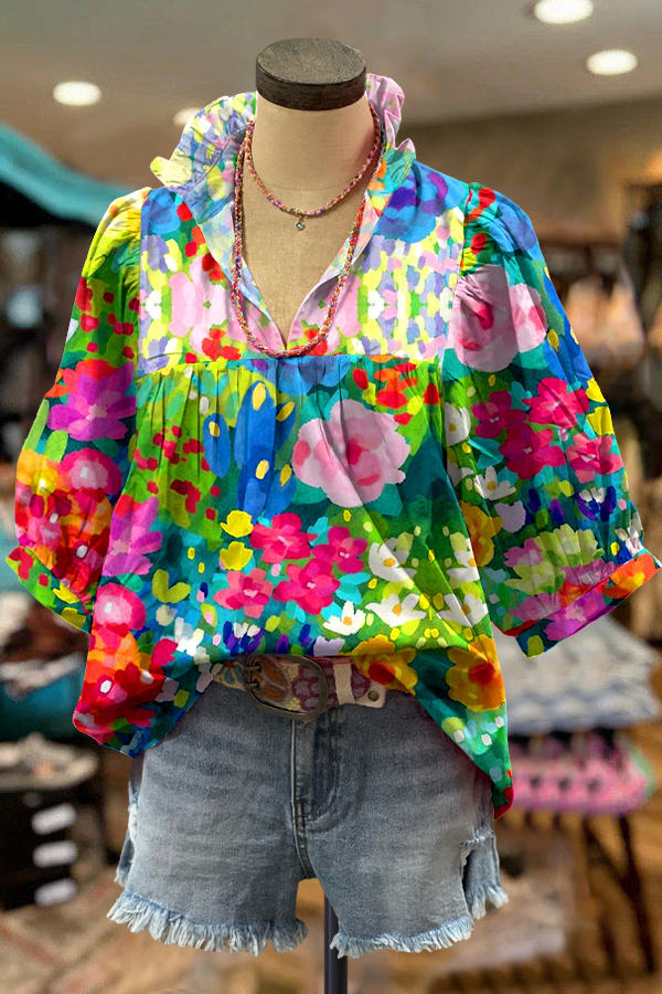 Women's top | Elegant Contrast Floral Print Blouse |website-mywesternoutfit