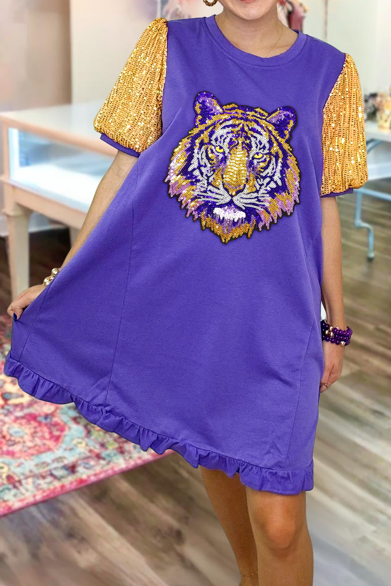 Game Day Purple and Gold Tiger Sequin Dress