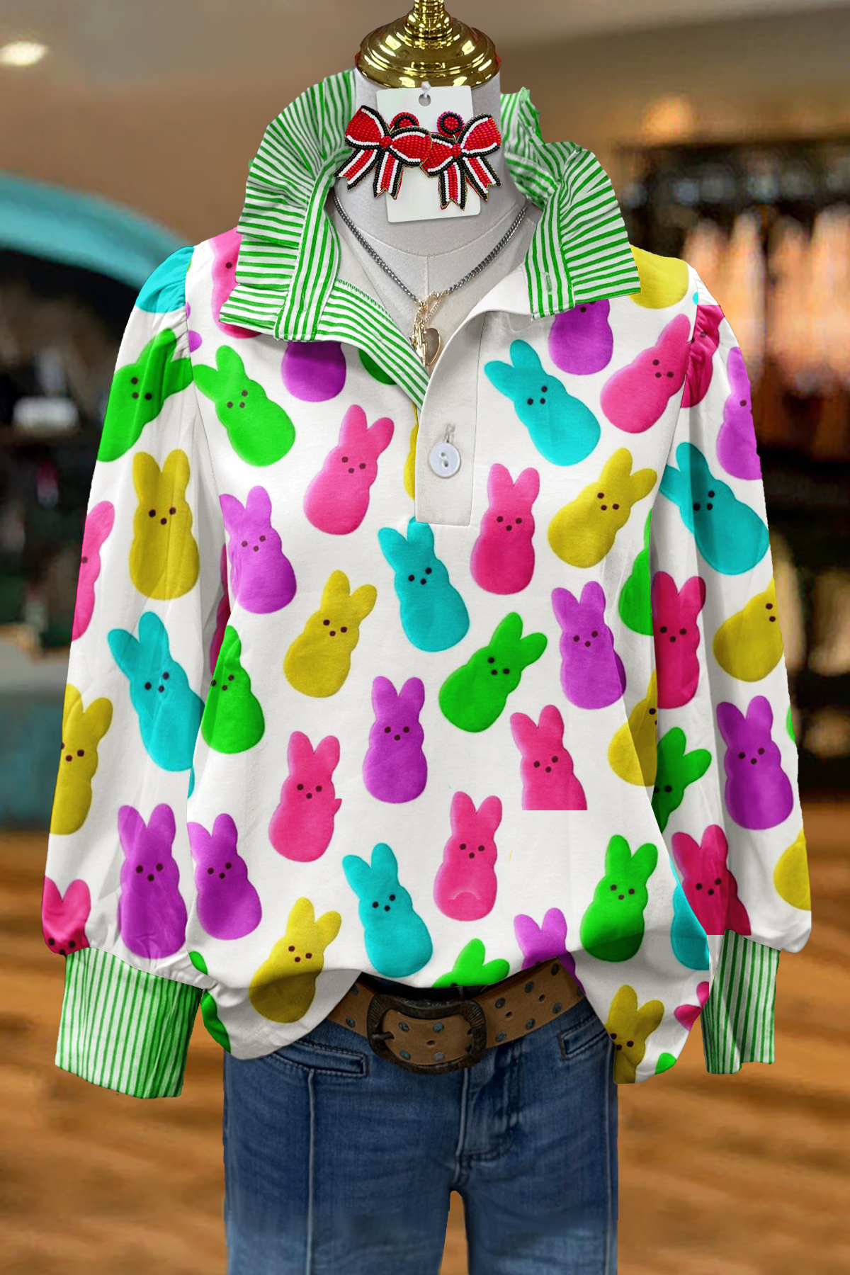 Women's blouse | Vintage Easter Bunny Print Puff Sleeve Blouse |mywesternoutfit