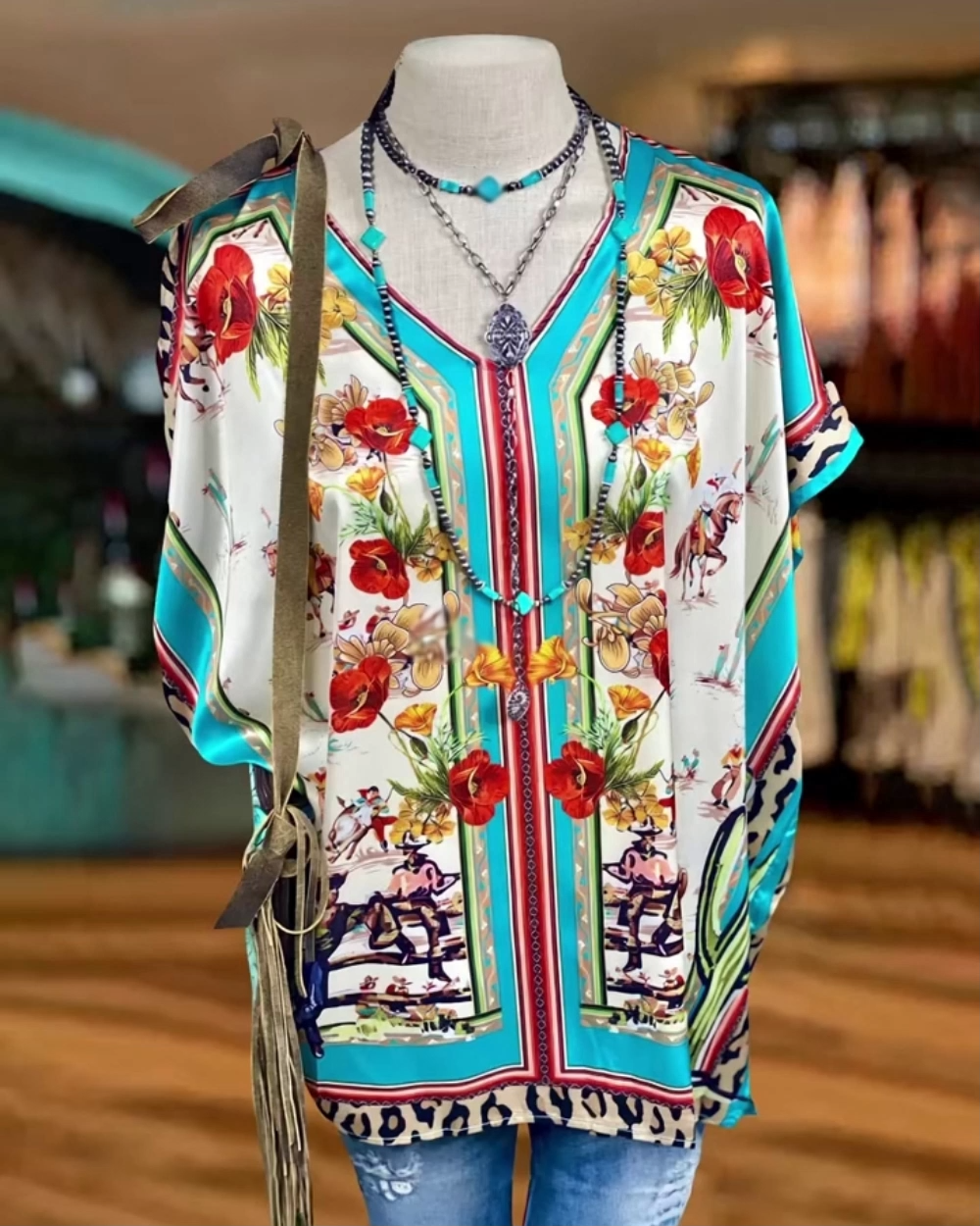 Western Turquoise Floral Satin Top