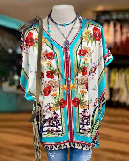 Western Turquoise Floral Satin Top